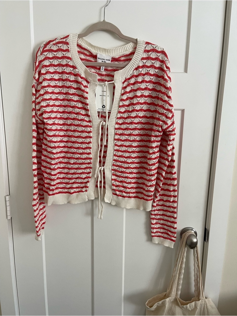 Tie-Front Crochet Cardigan in Red and Cream